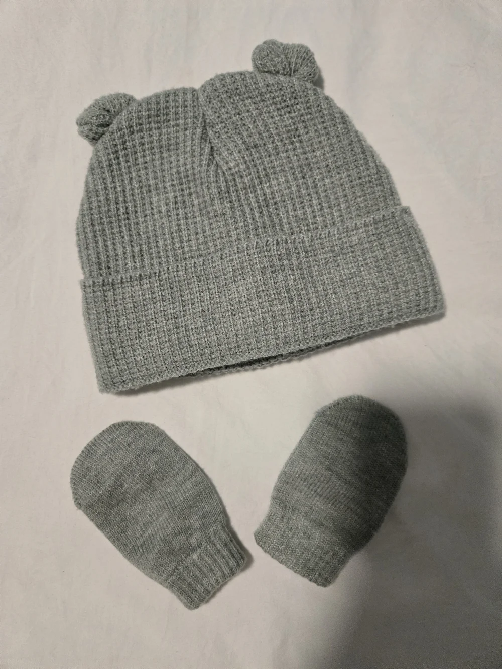 Soft sage Green Knit Bear-Ear Beanie with Matching Mittens Baby 12M